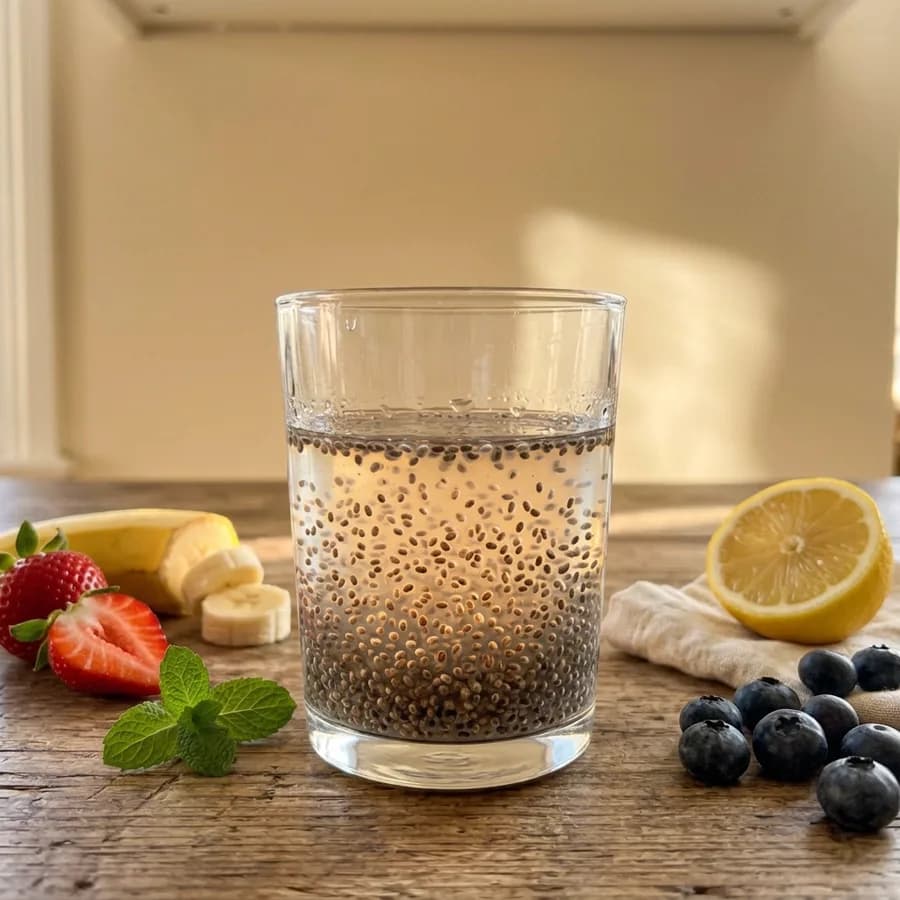 Chia seeds swelling in the glass of water in golden light, fresh fruit around it