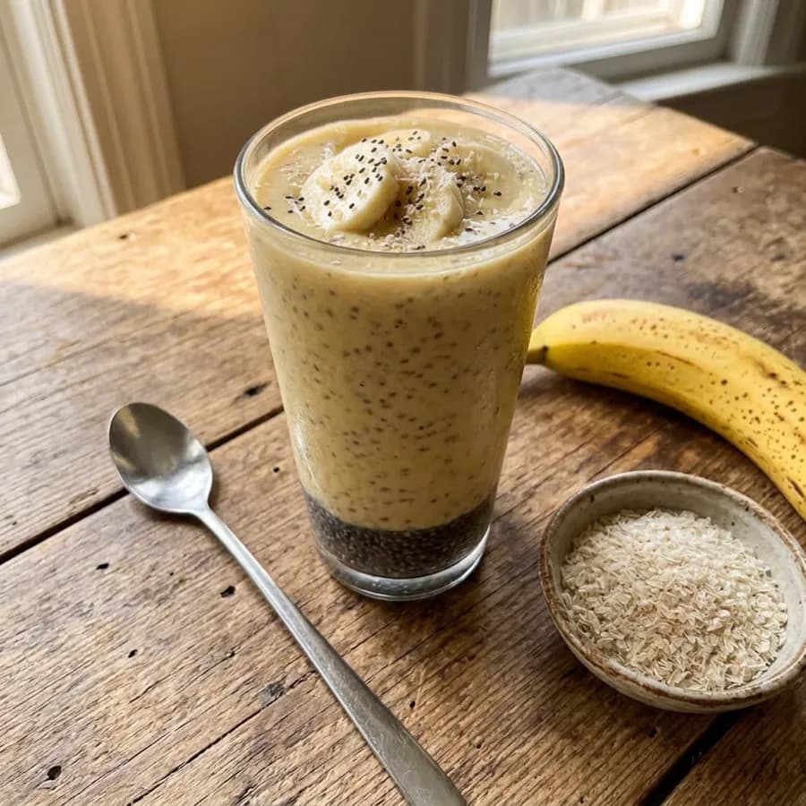 Creamy banana chia shake with a layer of chia gel, banana slices and psyllium