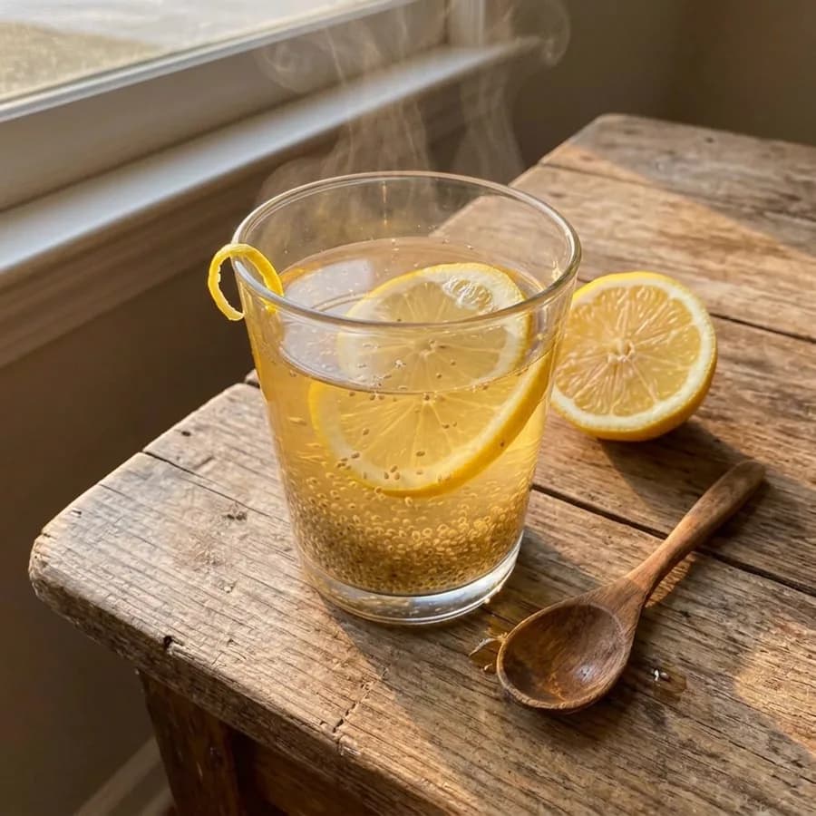 Warm golden lemon chia drink with lemon wheels and a twist of zest