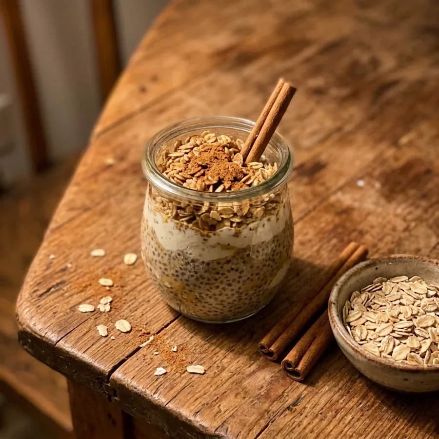 Layered cinnamon oat chia pudding with toasted oats and a cinnamon stick
