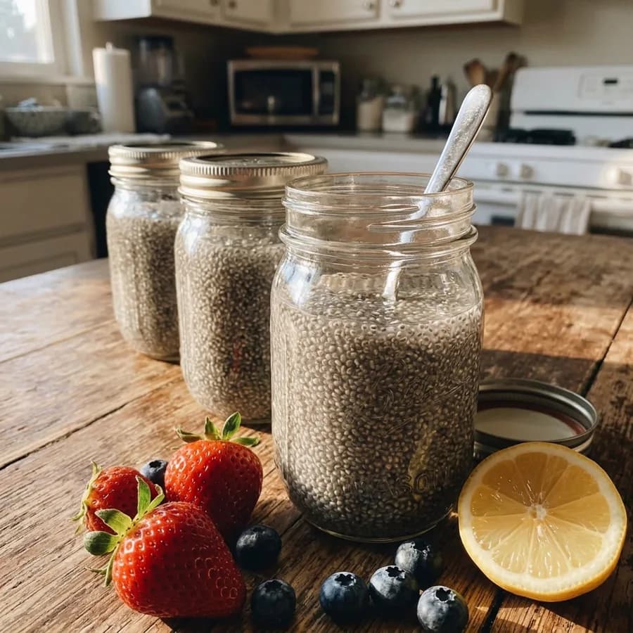 Three jars of chia gel prepared the night before, with fresh berries and lemon