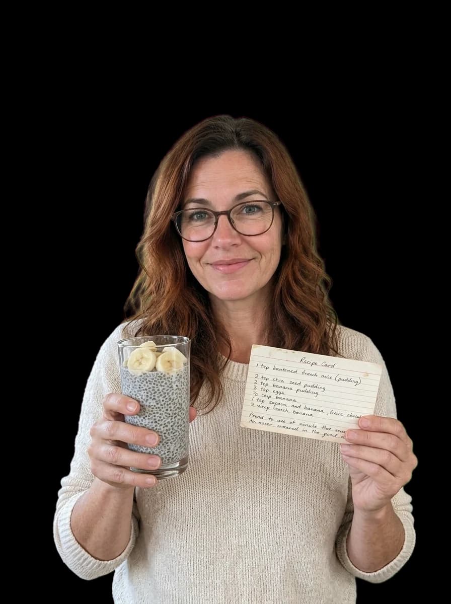 Anne holding a glass of chia gel and a small recipe card