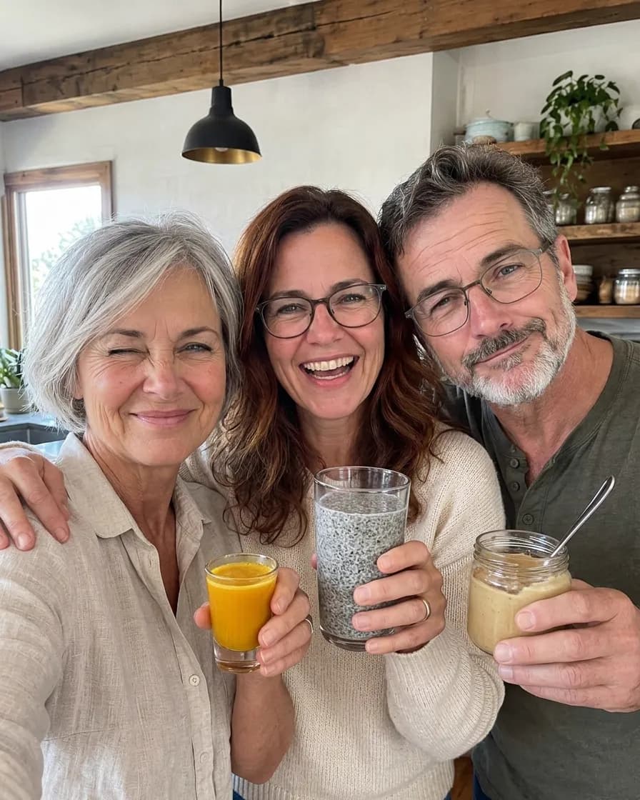 Jack, Anne and Evie posing together in the kitchen, each holding one of the three Golden Day glasses