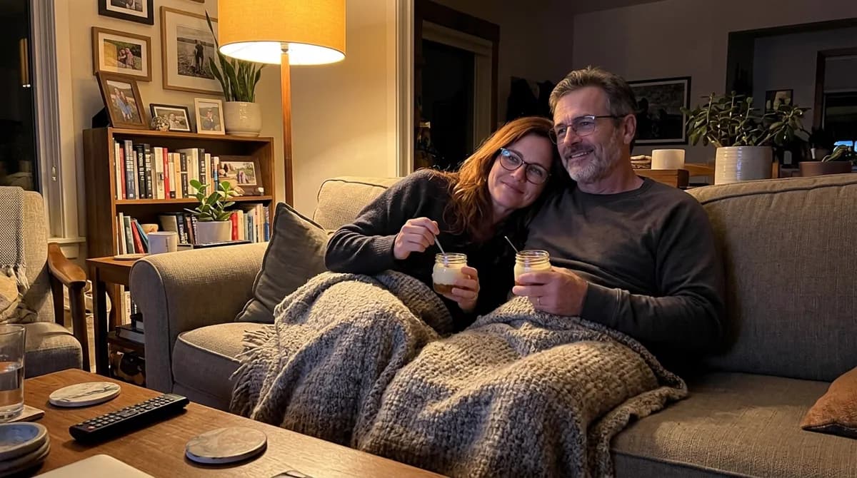 A calm evening on the couch with a jar of Golden Gelatin under warm lamp light