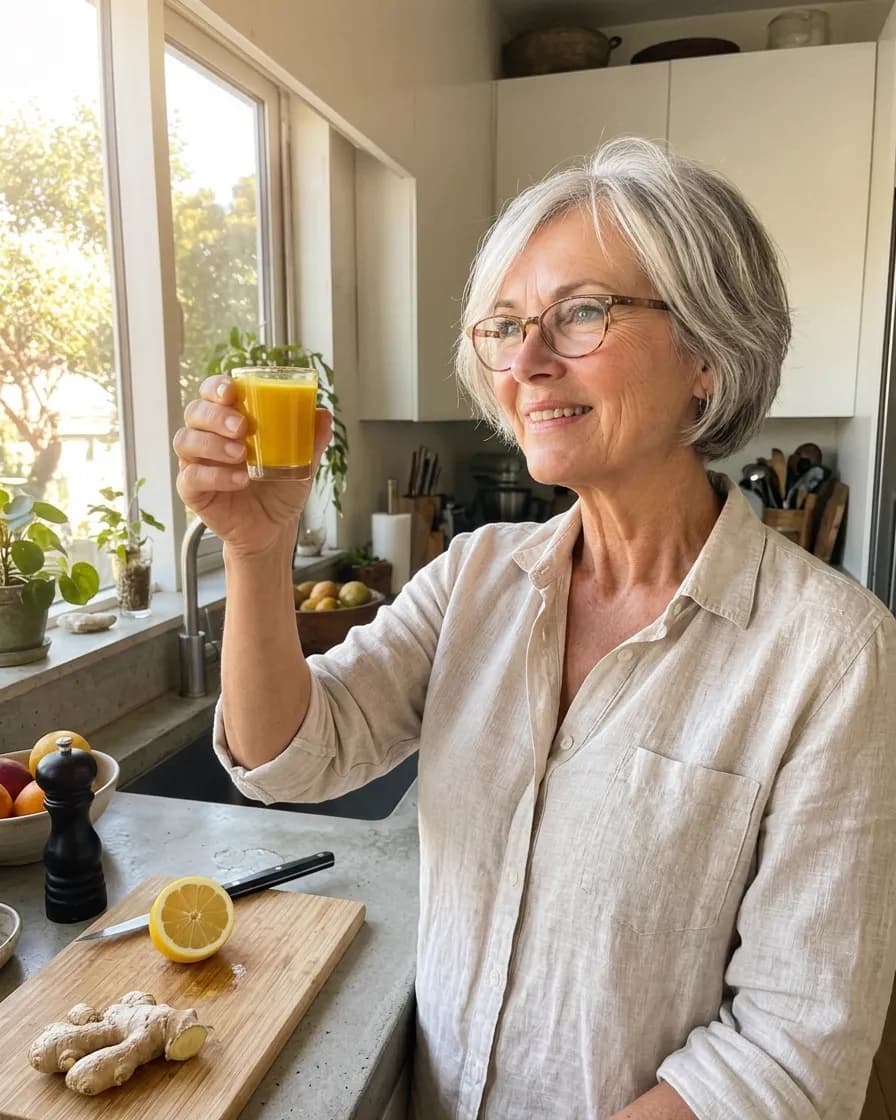 Evie raising a small golden turmeric and ginger shot toward the window like a toast