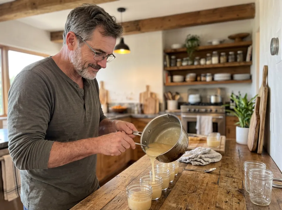 Jack pouring creamy gelatin dessert into small glass jars