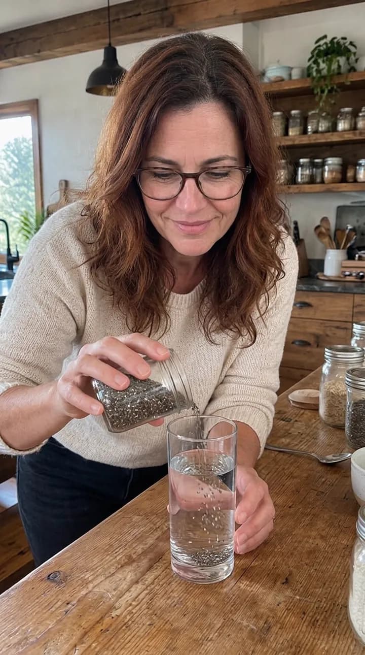 Anne pouring chia seeds into a glass of water