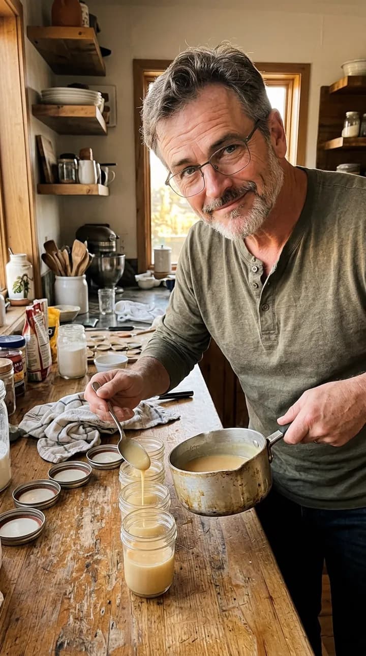 Jack spooning gelatin into small jars