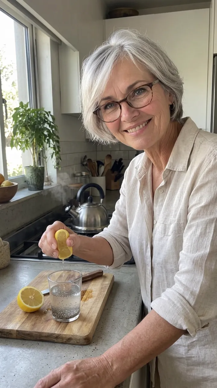 Evie squeezing lemon into her glass