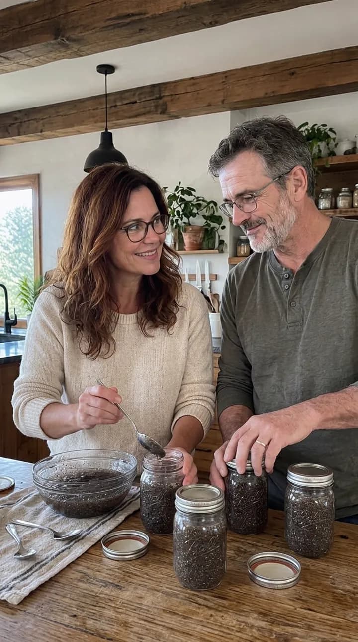 Jack and Anne filling chia jars together for the week