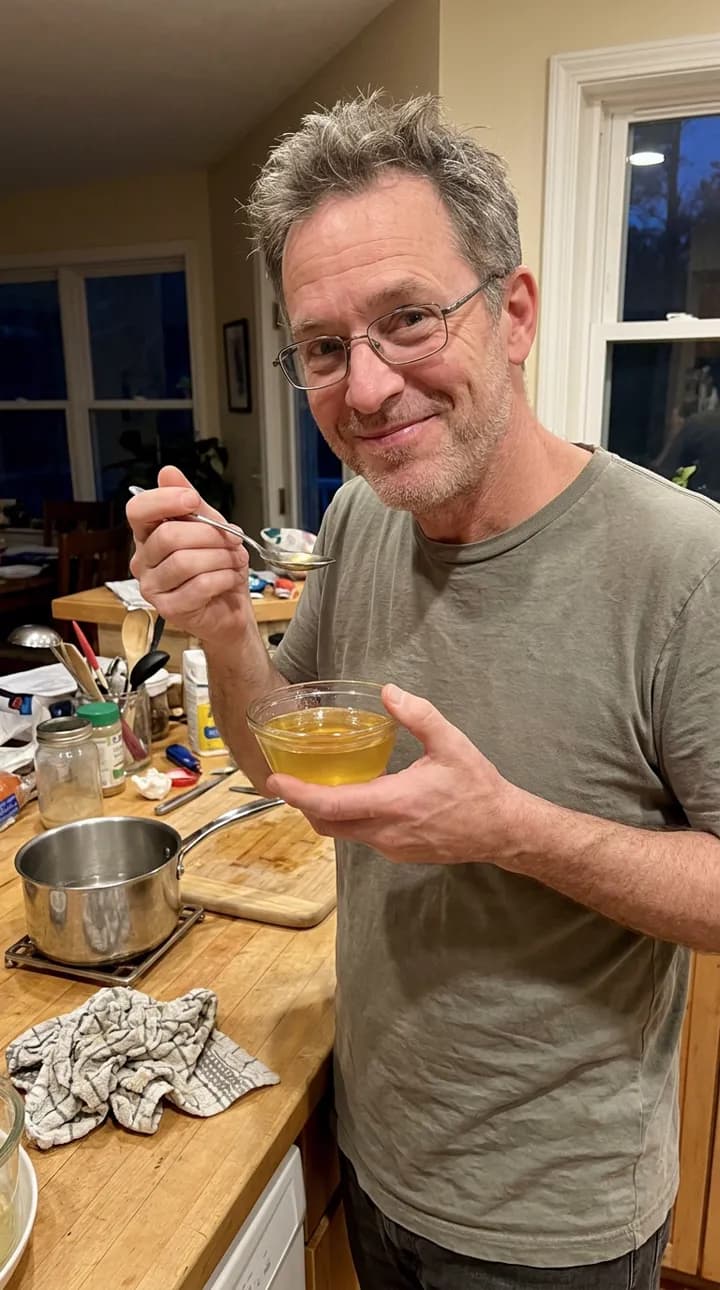 A man tasting golden gelatin from a small jar in his kitchen