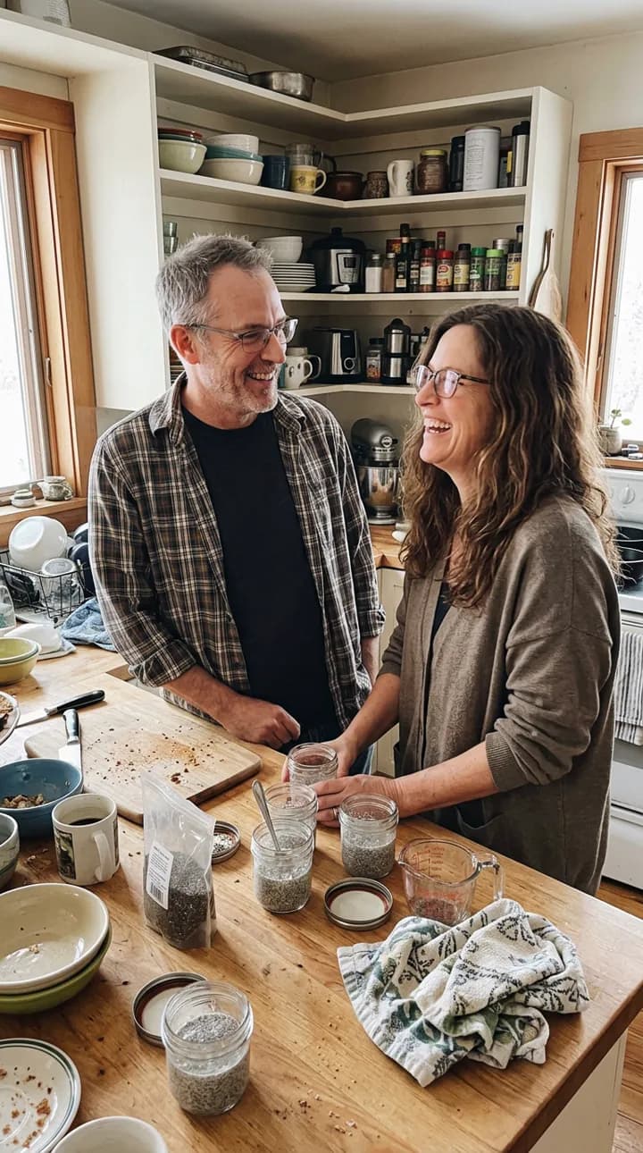 A couple prepping chia jars together at their kitchen counter