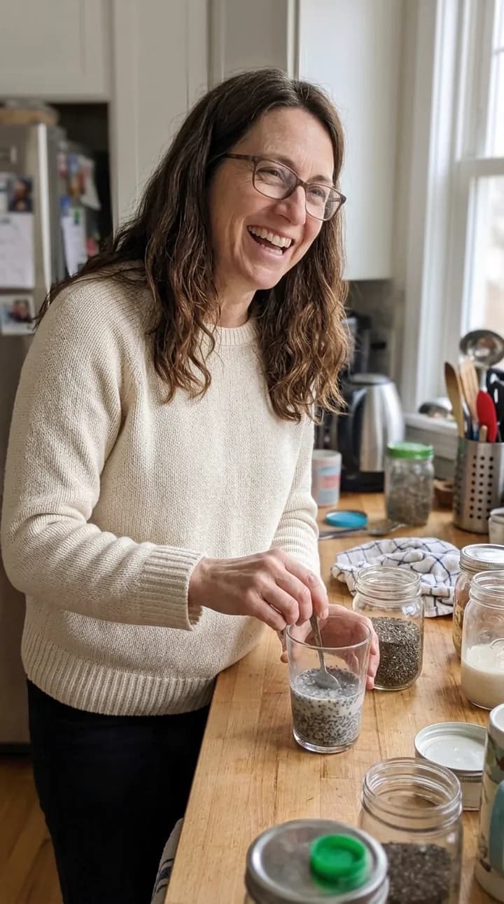 A woman smiling while stirring chia seeds in a glass