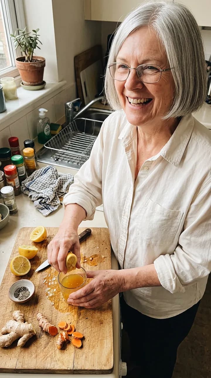 A woman squeezing lemon over fresh ginger and turmeric for her morning shot