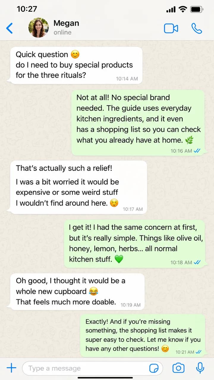 WhatsApp chat: Megan asks if she needs special products and is relieved it's everyday kitchen ingredients