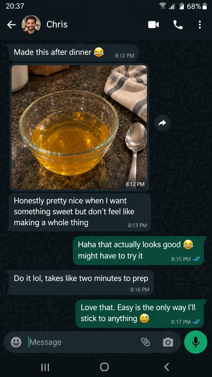 WhatsApp chat: Chris shares a photo of the gelatin he made after dinner