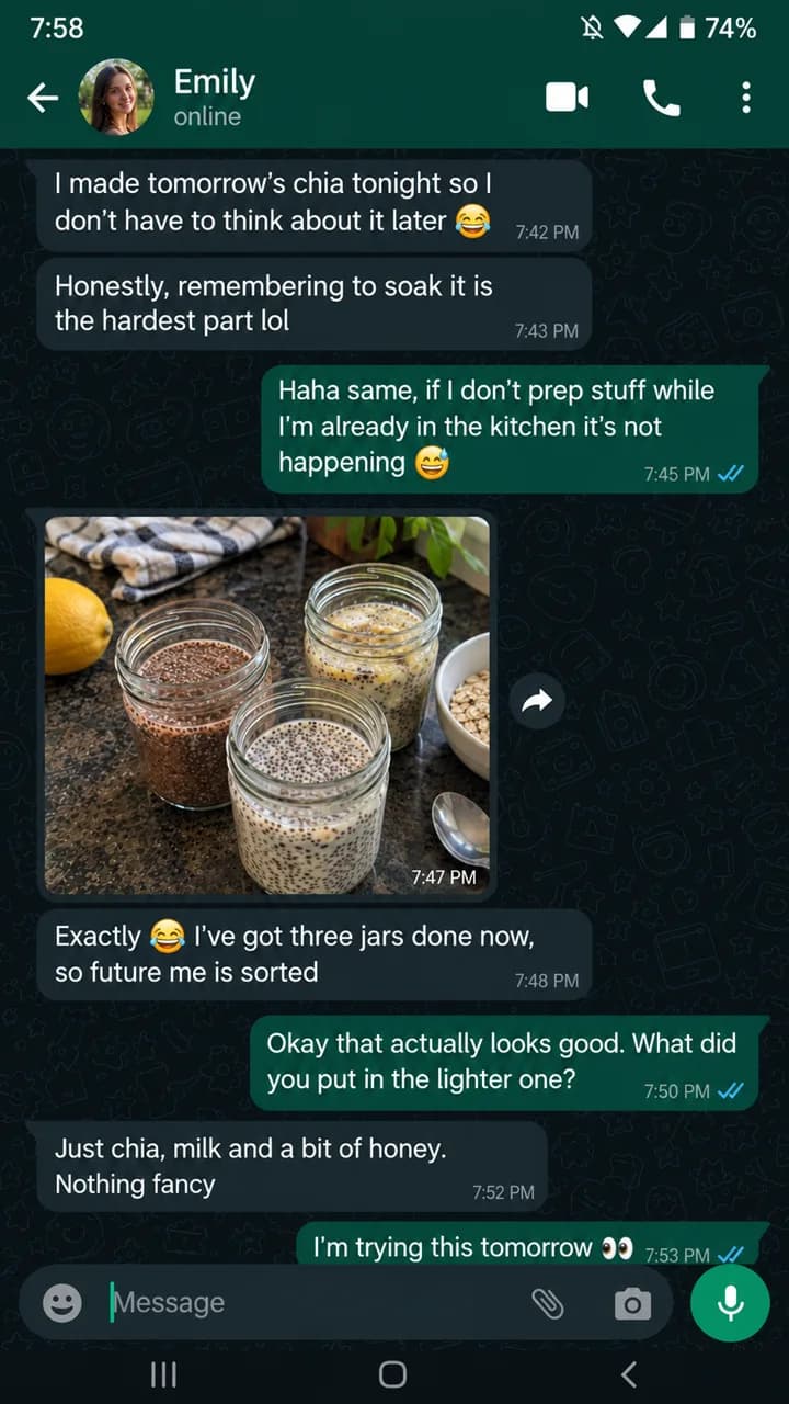 WhatsApp chat: Emily made tomorrow's chia tonight, three jars ready