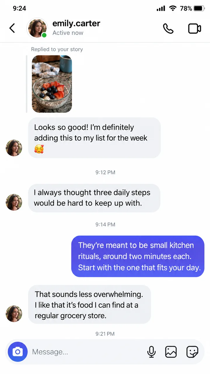 Instagram message: Emily says three small daily steps feel less overwhelming