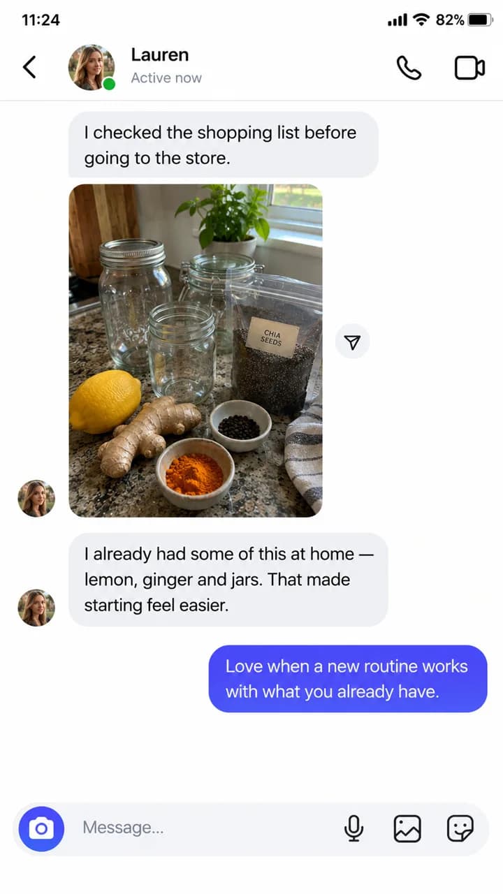 Instagram message: Lauren checked the shopping list and already had lemon, ginger and jars