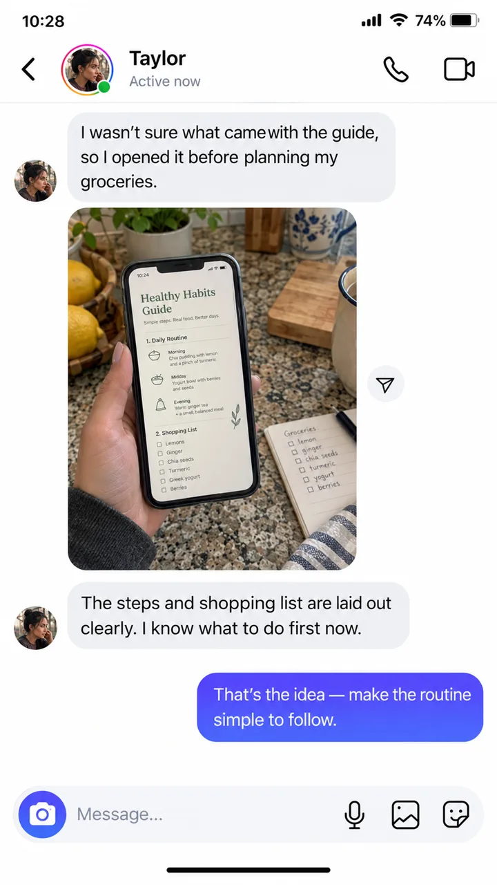 Instagram message: Taylor opened the guide before planning her groceries