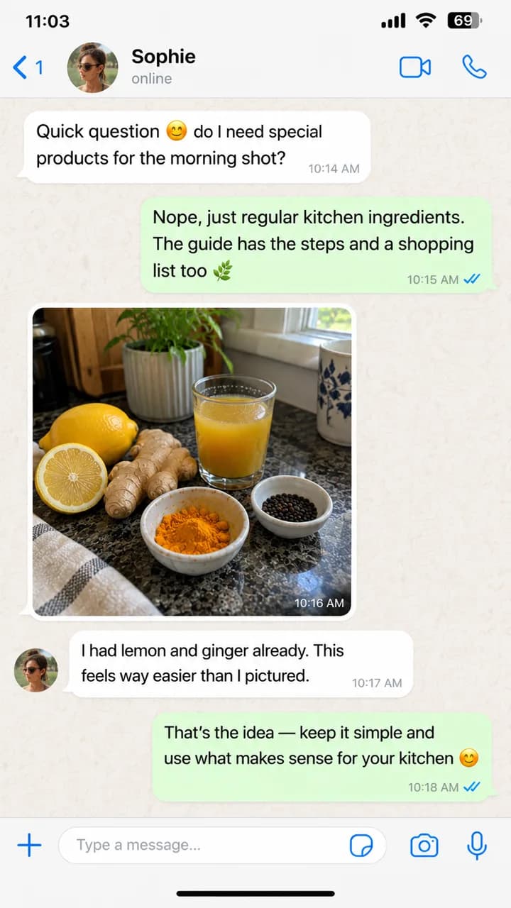 WhatsApp chat: Sophie shares her morning shot ingredients