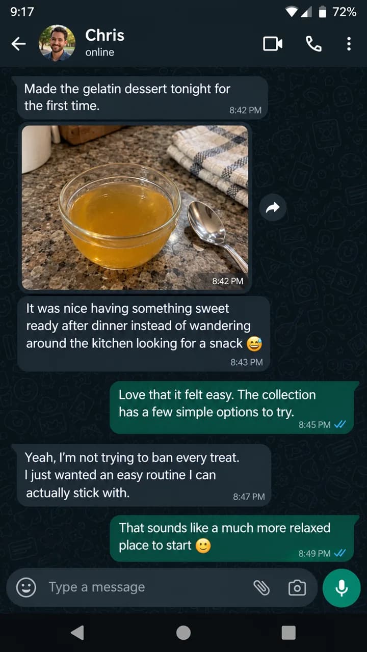 WhatsApp chat: Chris made the gelatin dessert for the first time